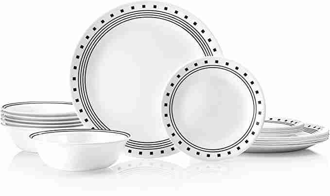 Corelle Service for 6, Chip Resistant, City Block dinner plates is corelle made of bone china